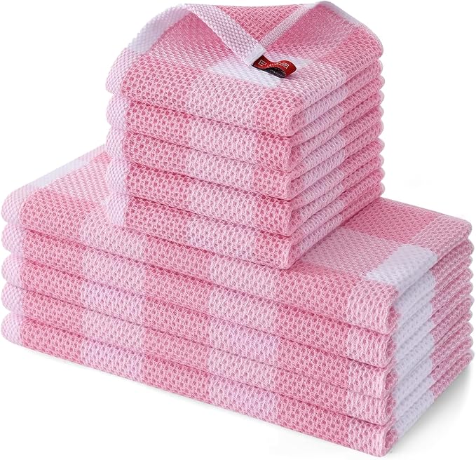 Homaxy Kitchen Towels and Dishcloths Set, Set of 10, White & Pink | Bulk Cotton Waffle Weave Check Plaid Kitchen Towels, Super Soft and Absorbent Dish Cloths, 12 x 12 and 13 x 28 Inches