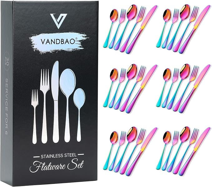 Rainbow Silverware Set Flatware Cutlery - 30 Pieces Stainless Steel Colorful Utensils, Tableware Set Service for 6, Include Knife/Fork/Spoon, Reusable, Mirror Polished, Dishwasher Safe
