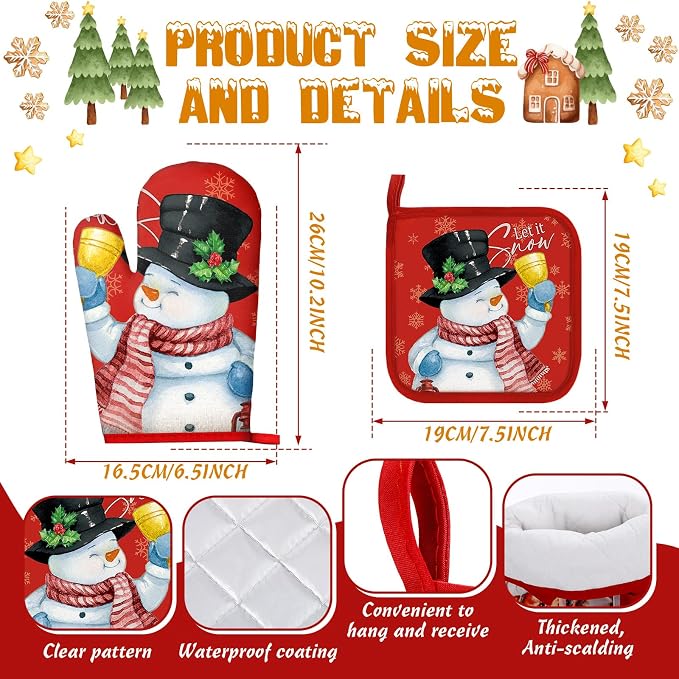 SiliFine 12 Pcs Traditional Christmas Kitchen Accessories Set Snowman Pot Holders Santa Oven Mitts Xmas Candy Cane Ornament Kitchen Towels for Christmas Home Decorations, Cooking Baking Holiday Gifts