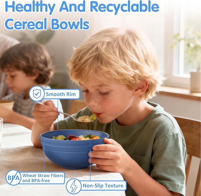 Quatish 10 PCS Unbreakable Cereal Bowls,Dishwasher & Microwave Safe Wheat Straw Bowls, Easy-to-Clean Lightweight Desserts & Soup Bowl, Portable for Picnics ，Snack Plastic Bowls Set，Blue