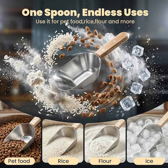 Dog Food Scoop 1 Cup with Clear Measurement Line, 304 Stainless Steel | Dog Food Measuring Cup with Long Wooden Handle, Pet Food Scoop for Dog Cat Food, Coffee, Flour