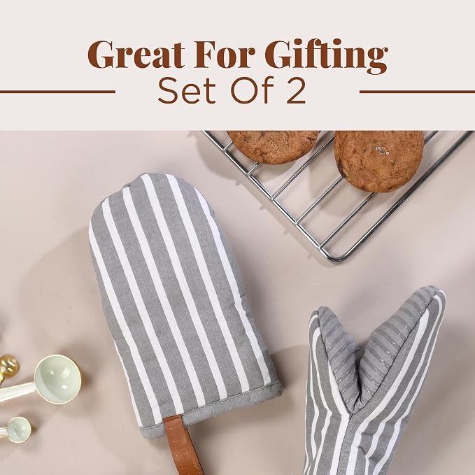 Folkulture Oven Mitts, Striped Gray, Set of 2, Heat Resistant - (5.75"x9") | 100% Cotton, Non Slip, Silicone, Cute Striped Mini Mits with Hanging Loop, Kitchen Décor, Cooking Gifts, New Home Essentials