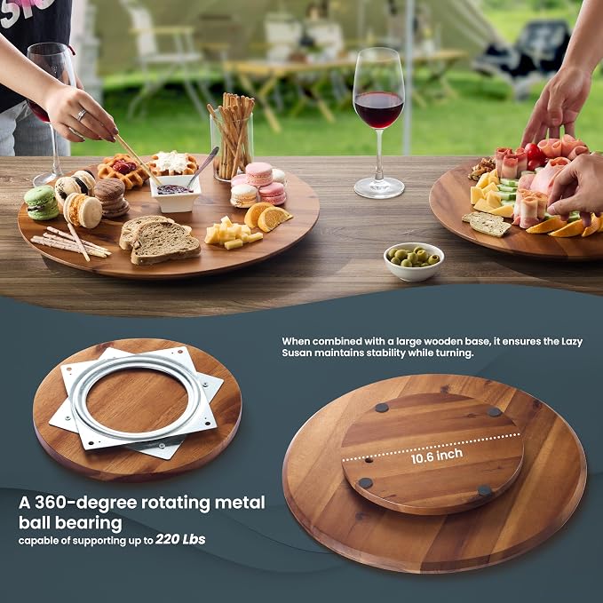 TIDITA 18" Acacia Wood Lazy Susan for Table Top, Swivel Charcuterie Board | 360° Rotation, No Rim, Solid Acacia Wood, Non-Skid Pads, Round Lazy Susans Turntable for Countertop, Extra Large