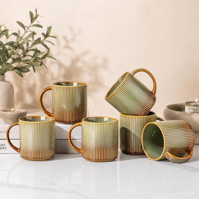 theterra Ceramic Coffee Mugs Set of 6, 14.2 oz Coffee Cups with Handle | Handmade, Suitable for Latte, Tea, Milk, Beer & Hot Cocoa, Sage Umber