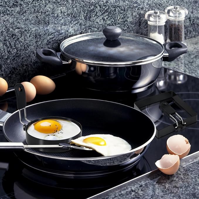 2-Pack Round+Square Egg Rings Set with Silicone Handle, Stainless Steel Egg Cooking Rings，Nonstick，For Frying Eggs and English Muffins Pancake, Egg Mold Shaper For Breakfast