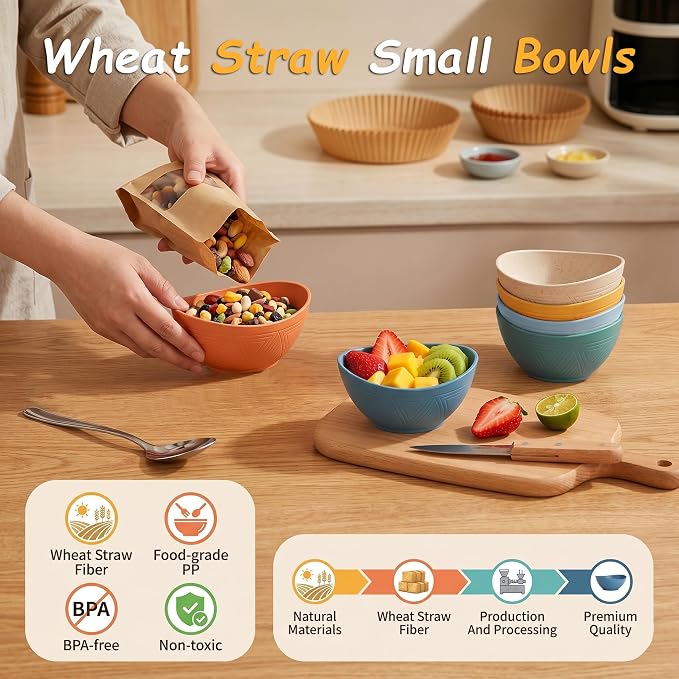 10oz Wheat Straw Bowls Set of 6, Unbreakable Small Plastic Bowls Reusable for Snack, Dessert, Ice Cream, Kitchen Prep Bowls, Microwave & Dishwasher Safe Mini Bowls for Party, Camping - Multi