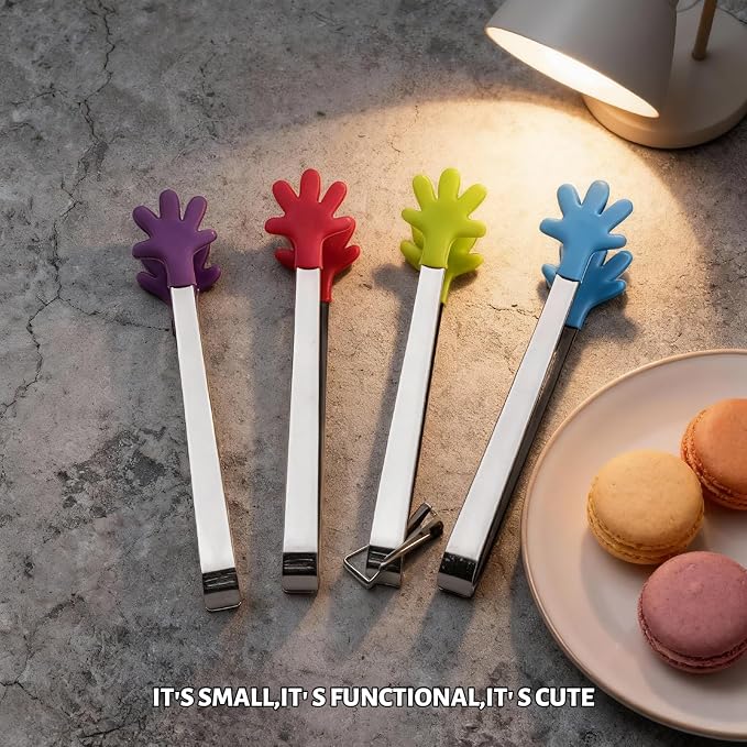 4PCS Silicone Mini Tongs, 5 Inch Colourful Small Hand Shape Metal Food Tongs, Kitchen Tool for Serving Food, Ice Cube, Fruits, Sugar, Barbecue, Desserts，Great for Party, Buffet