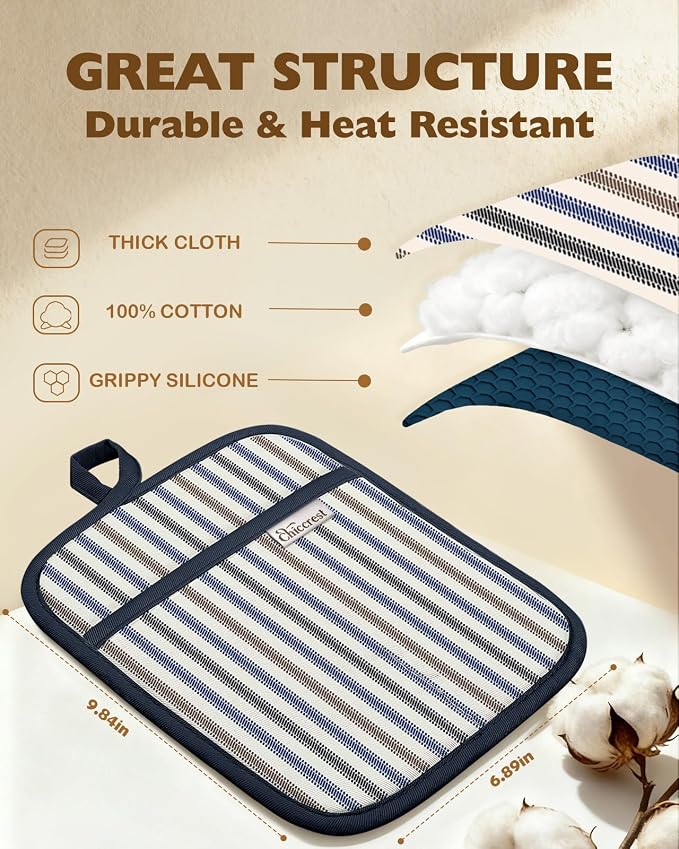 100% Cotton Pot Holders Textured Soft Silicone Blue Stripe | Stylish Pot Holders 2pcs, Machine Washable Non-Slip Heat Resistant Hot Pads & Oven Mitts 2-in-1, Practical Kitchen Decor
