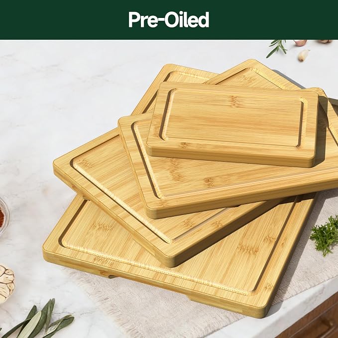 4-Piece Set Deep-Carbonized Bamboo Cutting Board for Kitchen, Natural | Crack-Resistant Wood Chopping Boards with Deep Juice Grooves, Pre-Oiled Butcher Block for Meat, Vegetables & Cheese