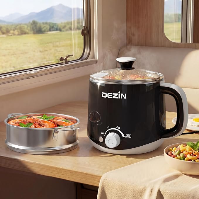 Dezin Hot Pot Electric with Steamer, 1.6L Stainless Steel Electric Pot | Rapid Noodle Cooker, Dual Temp Control & Keep Warm, for Ramen, Egg, Dumpling, Soup & Oatmeal, Ideal for Dorm & Office
