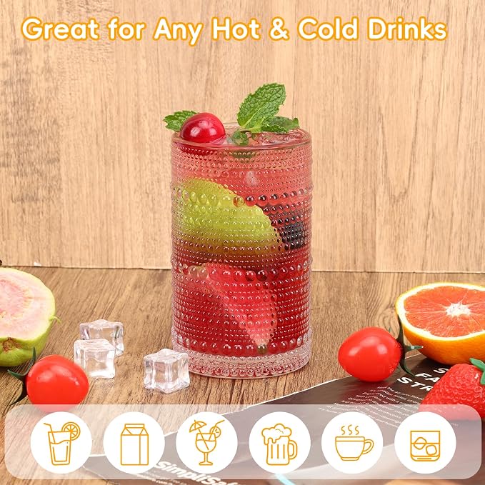 Moretoes Hobnail Drinking Glasses Set of 16, Vintage Water Glass Cups | 12 Oz Highball Glasses & 10 Oz Cocktail Glasses, Clear Embossed Boho Kitchen Bar Tumbler for Whiskey, Beer, Juice, Milk