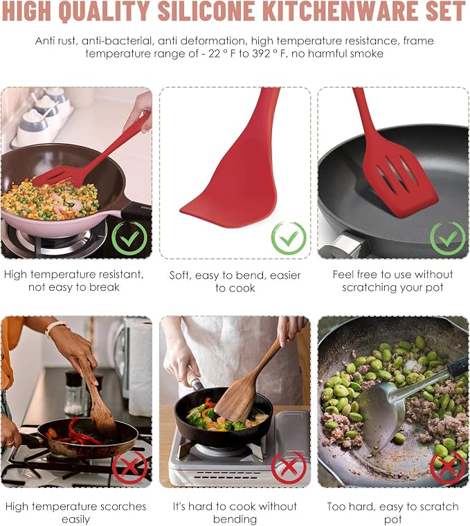 Pranski Kitchen Utensils Set-12 Pieces Silicone Cooking Utensils Set (Dishwasher Safe) 392°F Heat Resistant Spatula Set, Nonstick Cookware | Dishwasher Safe 392°F Heat Resistant Spatula Set Kitchen Utensil Set for Nonstick Cookware,Best Kitchen Tools w...