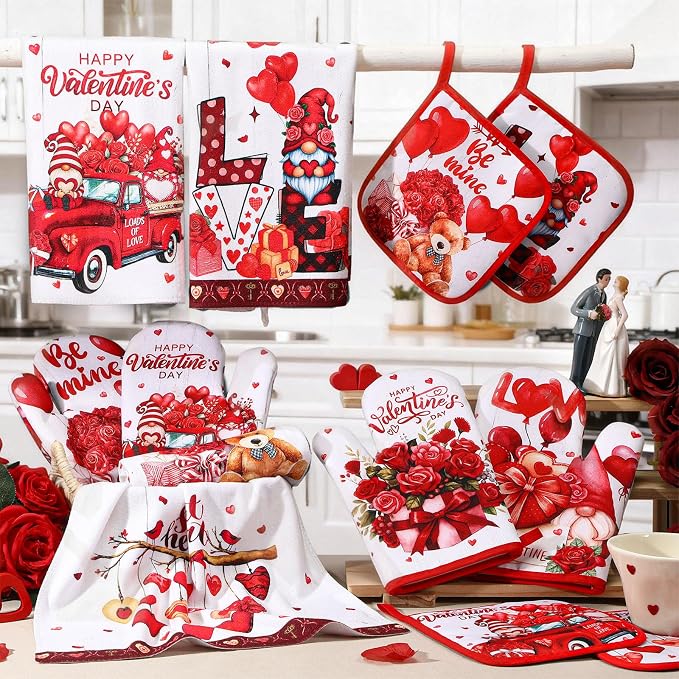 SiliFine 12 Pcs Valentines Day Kitchen Towels Pot Holders and Oven Mitts Set 4 Sweet Heart Gnomes Dish Towels 4 Love Oven Mitts 4 Romantic Red Rose Potholders for Xmas Dish Baking Decorative