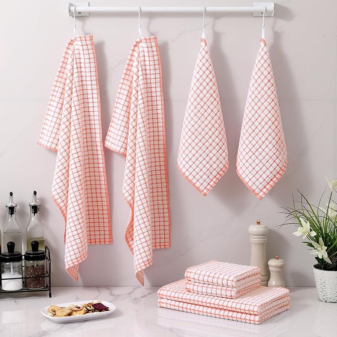 Homaxy Kitchen Towels and Dishcloths Set, Set of 8, Coral | Cotton Terry Kitchen Dish Towels, Super Soft and Absorbent Dish Cloths, 16 x 25 and 12 x 12 Inches