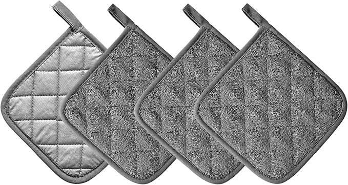 Kitchen Pot Holders Set Heat Resistant Pure Cotton Potholders Kit Trivets Large Coasters Hot Pads Terry Pot Holders for Everyday Cooking and Baking by 7 x 7 Inch Set of 4 Dark Grey