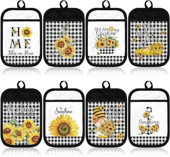 8 Pcs Sunflower Pot Holders with Pocket Buffalo Plaid Potholder Farmhouse Kitchen Heat Resistant Potholders Sunflower Hot Pad Oven Mitt Cookie Bag Oven Glove for Kitchen Decoration Baking Cooking Gift