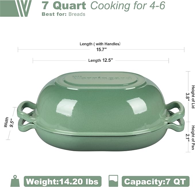 VORRINGARD Enameled Cast Iron Sourdough Bread Oven, Dutch Oven, Loaf Cast Iron Bread Pan for Homemade Bread Baking, Meatloaf Pan with Lid, 7QT, Sage Green