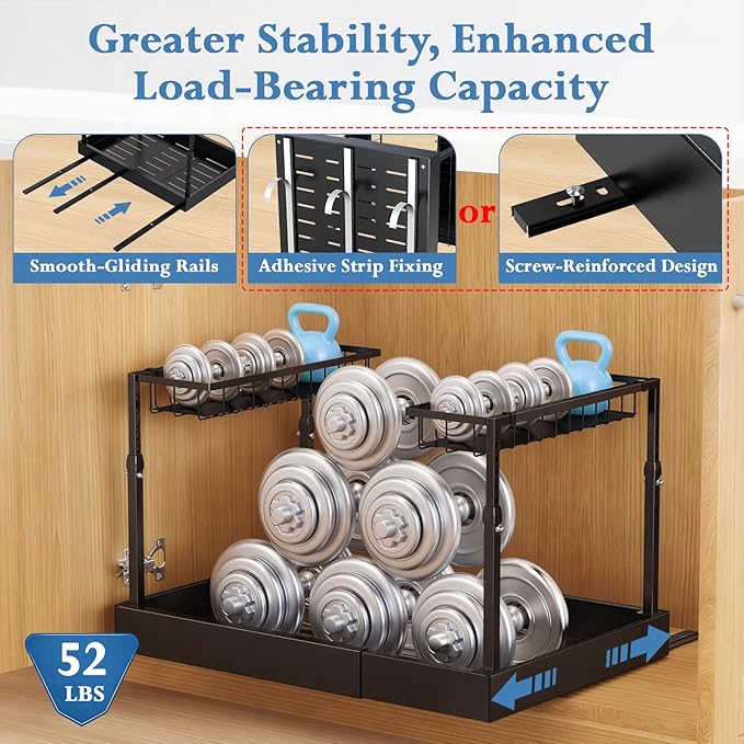 Aisslro Under Sink Organizer, 2 Tier Pull Out Cabinet Organizer, Expandable & Adjustable Slide Out Shelf 13.2''–20.3'', Under Sink Storage for Kitchen Bathroom Laundry Cabinet Storage, Black