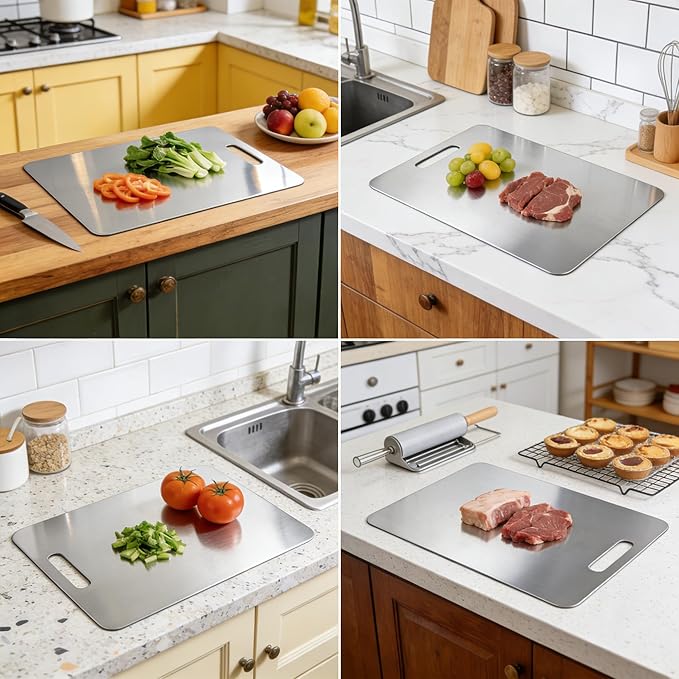 3-Piece 304 Stainless Steel Cutting Board Set (1mm Thick) – S:9.5"x6", M:11.8"x7.8", L:13"x9" Reversible Boards with Handle for Kitchen, Home & Outdoor Use