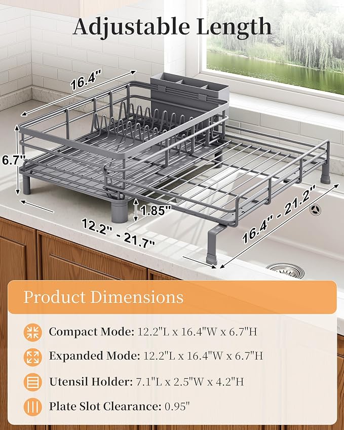 SAYZH Expandable Dish Drying Rack for Kitchen Counter, Metal, Grey | Foldable Over Sink, Large Capacity, Rust-Resistant, Adjustable for Most Sinks, Automatic Drainage, Removable Utensil Holder