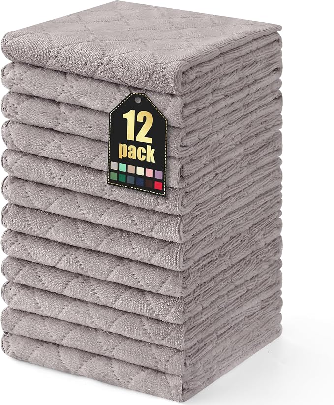 Homaxy 12 Pack Super Soft Absorbent Dish Towels, 10" x 20", Grey | Coral Velvet, Nonstick Oil Fast Drying Microfiber Cleaning Cloth, No Lint Dishcloths for washing and drying