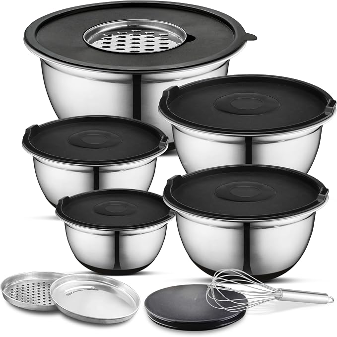 Premium Brushed Stainless Steel Mixing Bowls Sets, Easy To Clean, Space Saving, Great for Cooking, Baking, Prepping Needs 0.25qt, 1qt, 1.5qt, 3qt, 5qt (9 pc Anti Slip with Lid and Graters)
