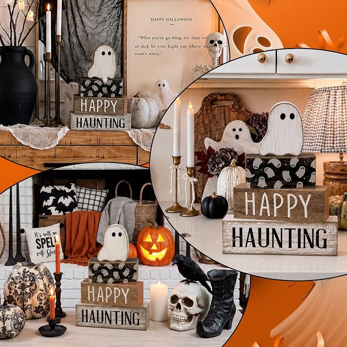 Lineshading 4 Pcs Happy Haunting Wood Blocks, Halloween Farmhouse Decor | Rustic Stacking Blocks for Tiered Tray, Wood Signs with Ghost Theme, Tabletop Display for Home Shelf, Farmhouse Style