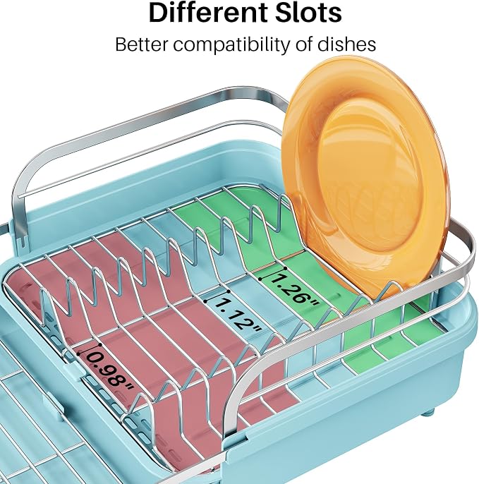 SNTD Expandable Dish Drying Rack for Kitchen Counter, 15.2-22.1 in, Blue | Rust-Resistant Stainless Steel, Protective Side Rails, Self-Draining Drainboard, Removable Utensil Holder