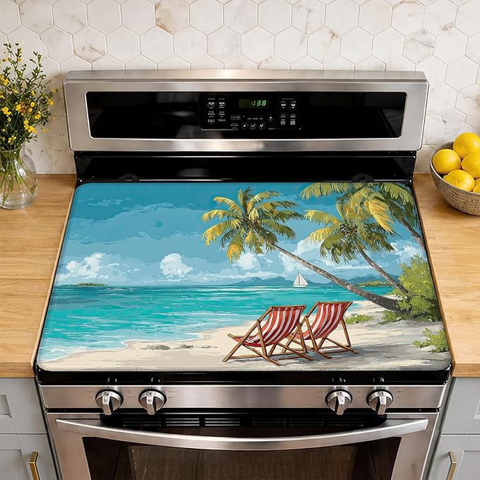Beach Palm Tree Stove Top Cover Glass Cooktop Heat Resistant Cover,Ceramic Stove Top Covers Mat Prevents Scratching Stoves/Counter/Washer Protector,28.5x20.5 in