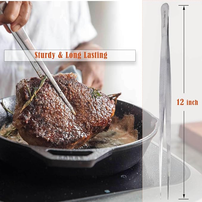 Professional Culinary Stainless Steel Precision Tongs with Serrated Tips, Plating/Food Presentation Detailing Serving Tongs, Chef's Kitchen Tweezer Tongs - Ultra Non-Slip Grip (12" STR Slim)