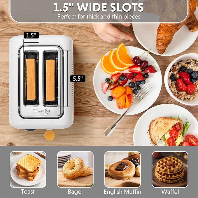 BUYDEEM DT620 2-Slice Toaster, 7 Shade Settings, Extra Wide 1.5'' Slots for Bagel & English Muffin, 6 Toasting Functions, Retro Stainless Steel Toaster with High Lift Lever, Arctic White