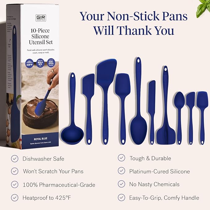 GIR: Get It Right 10-Piece Silicone Essentials Kitchen utensils set - Ladle, Spatula, Flip, Spoon & Spoonula - Non toxic cooking utensils for Nonstick Cookware, Cooking and Baking - Royal Blue
