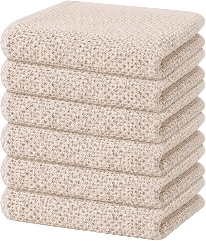 Homaxy 100% Cotton Waffle Weave Kitchen Dish Towels 6-Pack, Beige | 13 x 28 Inches, Ultra Soft Absorbent Dish Towels, Quick Drying Cleaning Towels