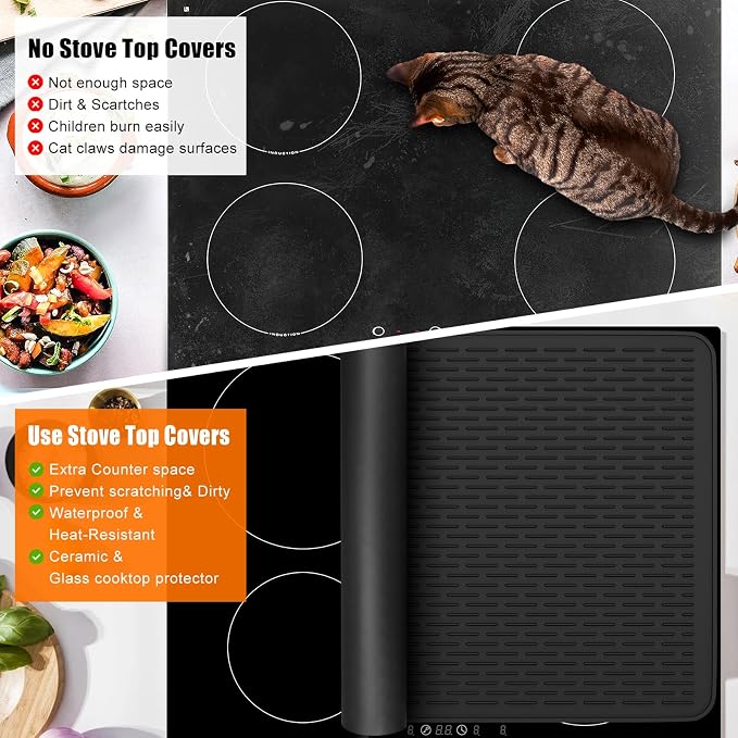 Silicone Stove Top Covers for Electric Stove, 28" x 20" Stovetop Cover, Dish Drying Mat XL for Kitchen, Stove Mat Protector, Heat Resistant Cooktop Cover, Flat Range Stovetop Protector Black (Black)