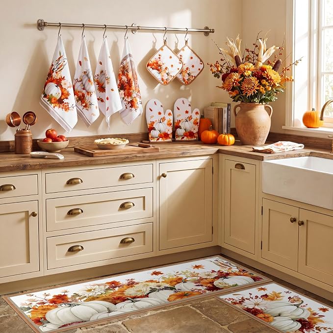 Fourluoo 10 Pcs Fall White Pumpkin Kitchen Decor Set White Pumpkin Rugs Towels Oven Mitts and Pot Holders Farmhouse Kitchen Decor Set for Gift Cooking Baking Grilling