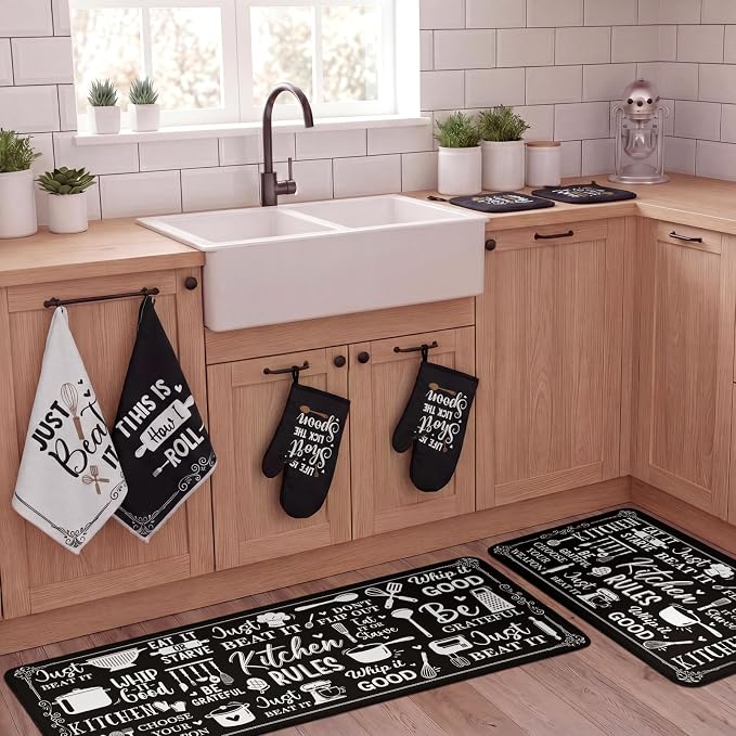 Fourluoo 10 Pcs Farmhouse Kitchen Decor Set Dish Towels Kitchen Rugs Oven Mitts and Pot Holders Home Decor for Cooking Baking Grilling Women Mom Gift