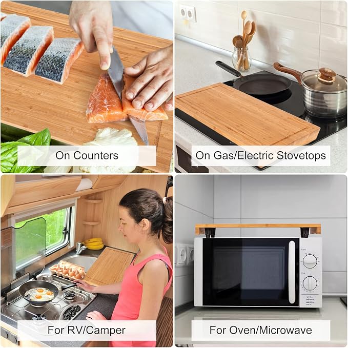 Bamboo Stovetop Cover&Countertop Cutting Board with Adjustable Legs, Dual-purpose Chopping Board for Electric Stove Burner, Workspace Block Cover for RV Camping Camper Gas