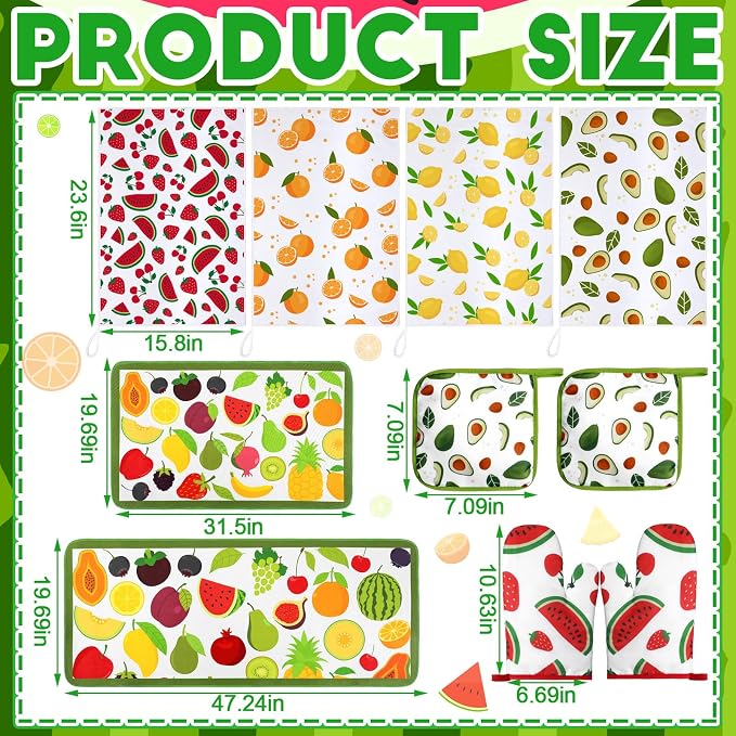Fourluoo 10 Pcs Fruit Kitchen Decor Set Kitchen Towels Rugs Oven Mitts and Pot Holders Set for Women Mom Gift Cooking Baking Grilling