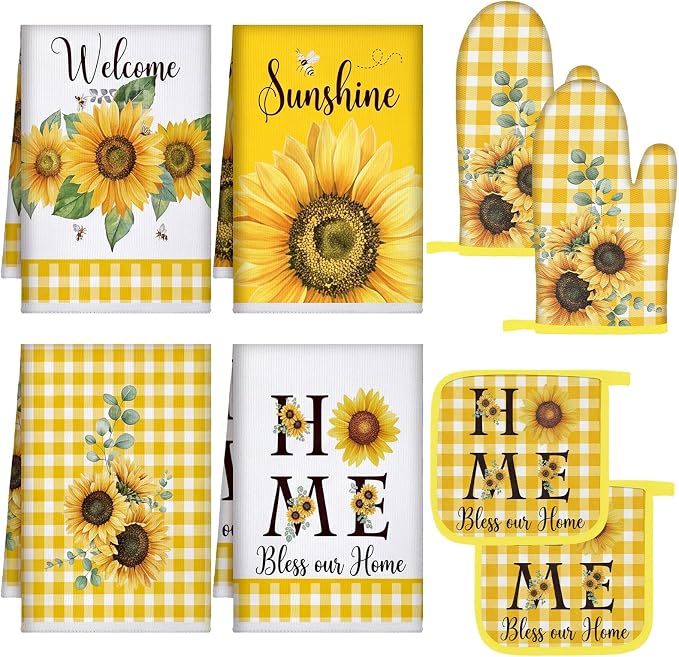 Leinuosen 8 Pcs Sunflower Yellow and White Checkered Kitchen Towels and Dishcloths Sets Pot Holders and Oven Mitts Sets Absorbent Kitchen Gloves Potholders Heat Resistant for Chef Baking Cooking