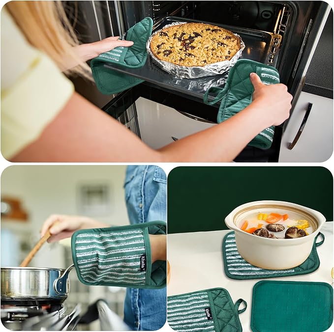 Alselo Silicone Pot Holders Set of 3 Heat Resistant & Non Slip Potholders | Professional Oven Hot Pads with Pockets Mitts for Kitchen Cooking Baking Barbecue (Emerald Green, 3)