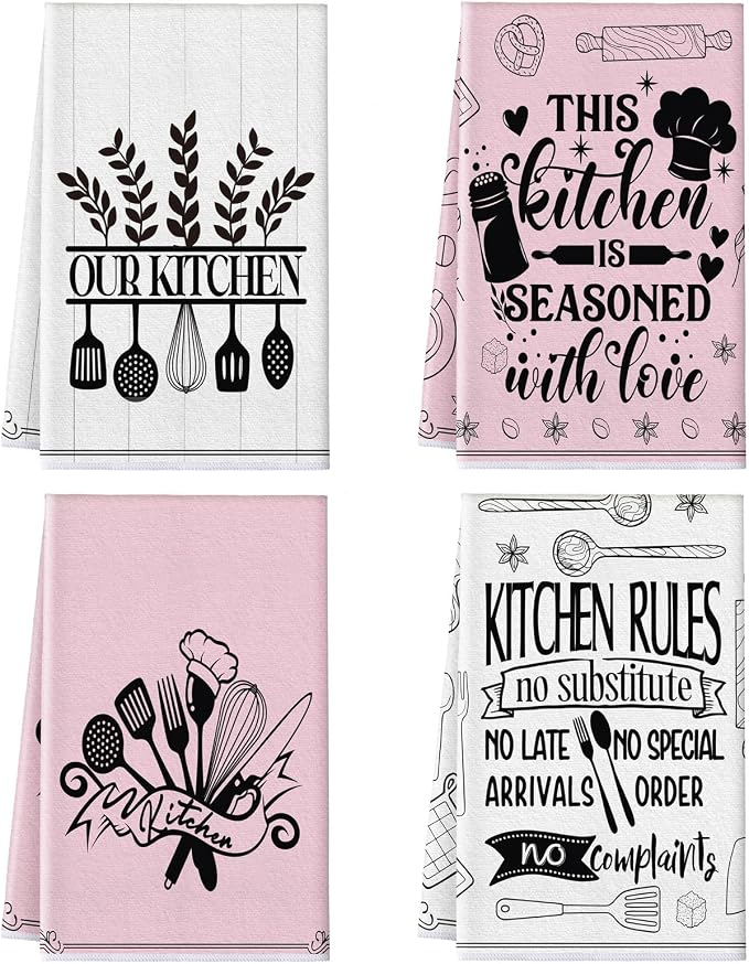 4 Pcs Funny Pink Kitchen Towels Absorbent Hand Tea Dishcloths | This Kitchen Is Seasoned with Love Decorative Dish Towels with Hanging Loop for Home Housewarming Gift Decor Accessories