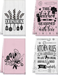 4 Pcs Funny Pink Kitchen Towels Absorbent Hand Tea Dishcloths | This Kitchen Is Seasoned with Love Decorative Dish Towels with Hanging Loop for Home Housewarming Gift Decor Accessories