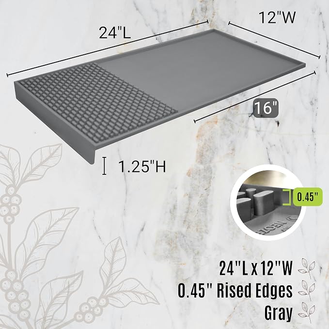 Coffee & Bar Mat For Countertop With "Edge Protection" – Espresso Machine & Coffee Maker Mat – Silicone Heat Resistant Mat – Non-Slip & BPA-Free Food Grade Mat – 12"(Front) x 24"(Length), Gray