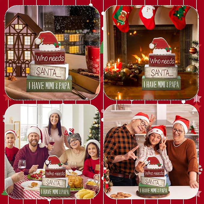 Lineshading 4 Pcs Christmas Wooden Signs Santa Hat Tiered Tray Decor | Farmhouse Style Distressed Wood, For Mantel Shelf Desk Holiday Decor, Grandparents Mimi Papa Themed Christmas Gift