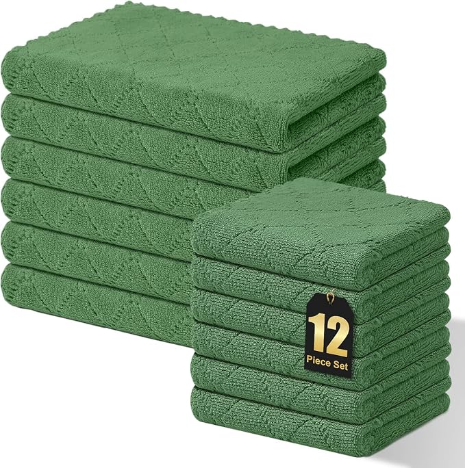 Homaxy Super Soft 12 Pack Kitchen Towels and Dishcloths Set, Grass Green | Ultra-Absorbent, 10 x 10 and 13 x 19 Inches, Coral Velvet, No Lint, Nonstick Oil, Fast Drying, Microfiber Cleaning Cloth