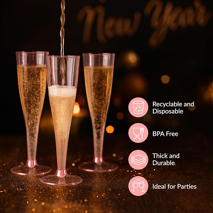 Prestee 24 Piece Plastic Champagne Flutes - 4.5 oz Plastic Wine Glasses with Rose Gold Glitter - Cocktail Glasses for Parties - Party Supplies for Mimosa Bar, Wedding, Shower Party and New Years Eve