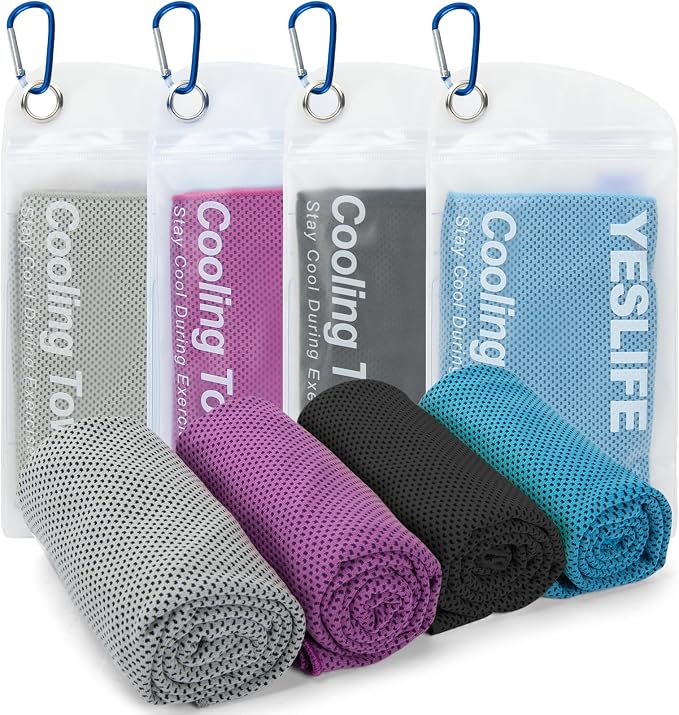 YESLIFE Cooling Towels, 4-Pack 40"x12", Multicolor Set B | Microfiber gym towels, soft breathable neck wrap, cooling towel for yoga running sport camping, Multicolor, 4-pack