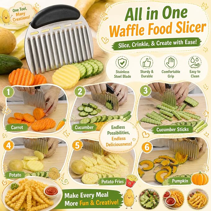 JAYVAR Large Crinkle Cutter French Fry Cutter, Stainless Steel Wavy Slicer | Large Crinkle Potato Slicer Wavy Chopper, Crinkle Cutting Chopping Tools with Handle