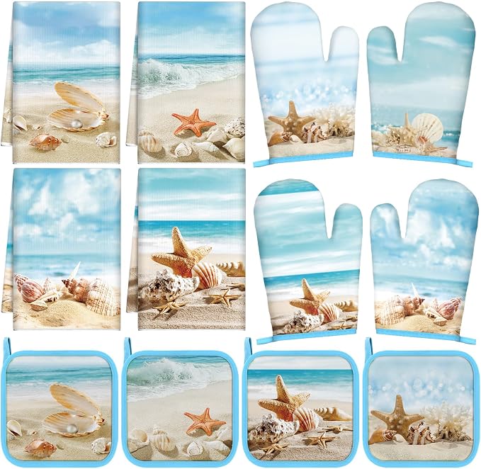 SiliFine 12 Pcs Beach Seashell Kitchen Accessories Set Coastal Starfish Pot Holders Seashell Oven Mitts Ocean Beach Kitchen Towels for Summer Home Decorations, Cooking Baking Housewarming Gifts