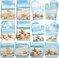 SiliFine 12 Pcs Beach Seashell Kitchen Accessories Set Coastal Starfish Pot Holders Seashell Oven Mitts Ocean Beach Kitchen Towels for Summer Home Decorations, Cooking Baking Housewarming Gifts